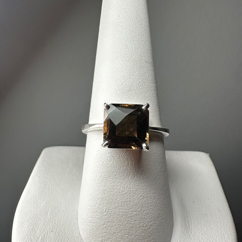 NWOT 9mm princess cut Smokey Quartz, solitaire ring in solid sterling silver!